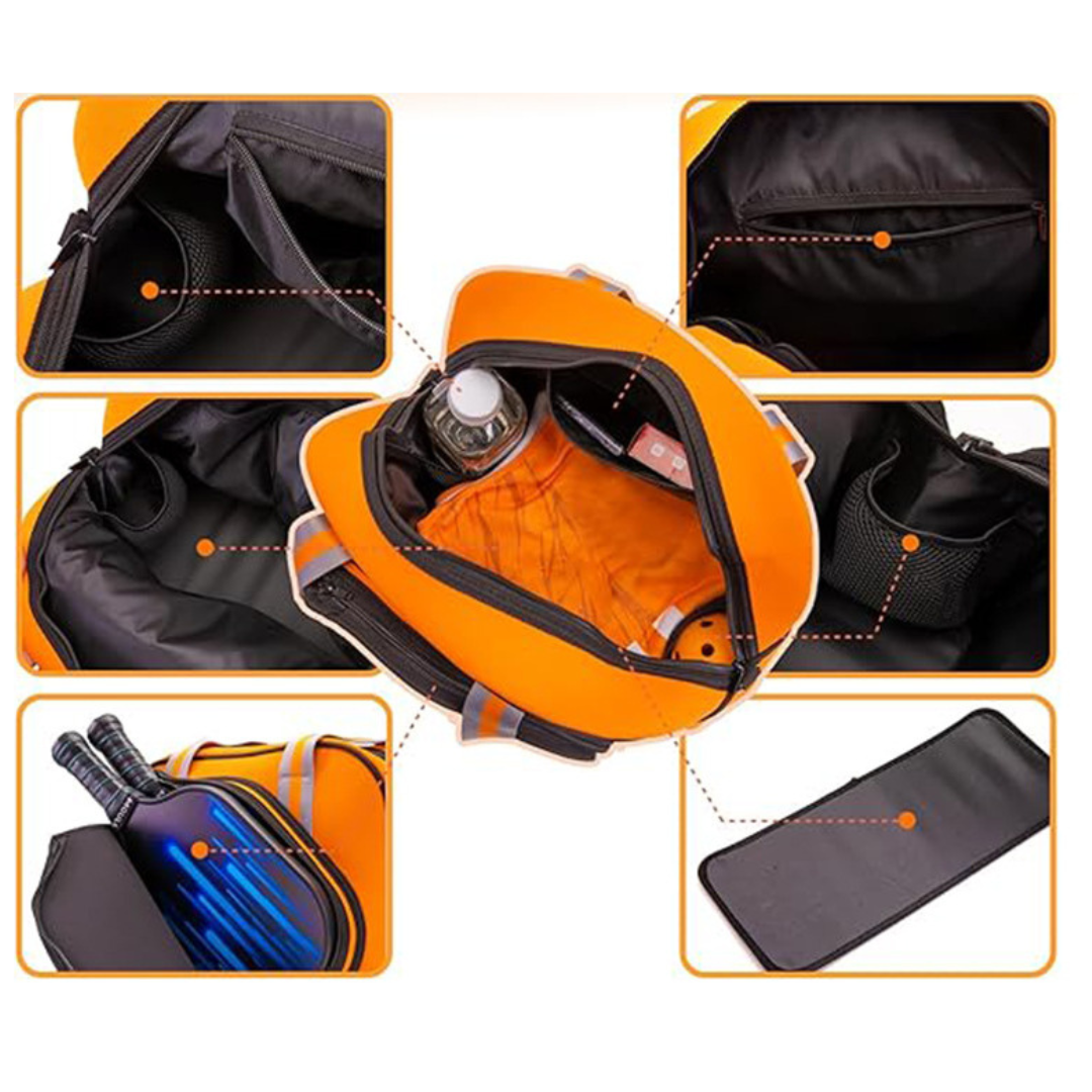 Interior view of a pickleball bag with spacious compartments, designed to hold paddles, balls, and accessories. Durable, water-resistant, and stylish for pickleball players on the go