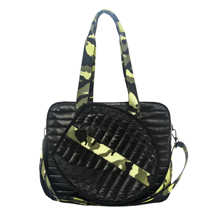 
Black Quilted Pickleball Bag with Green Camo Straps