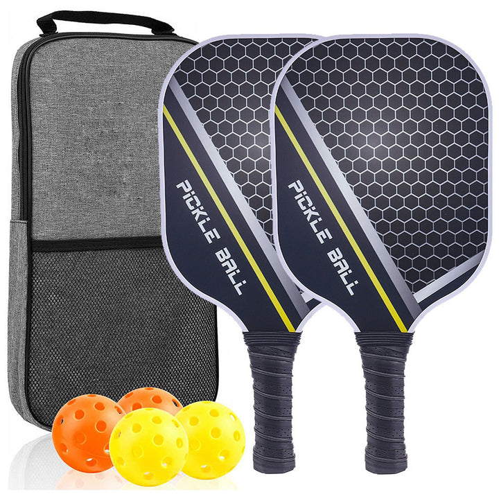 
Two dark honeycomb-pattern paddles, four balls and a grey carry bag